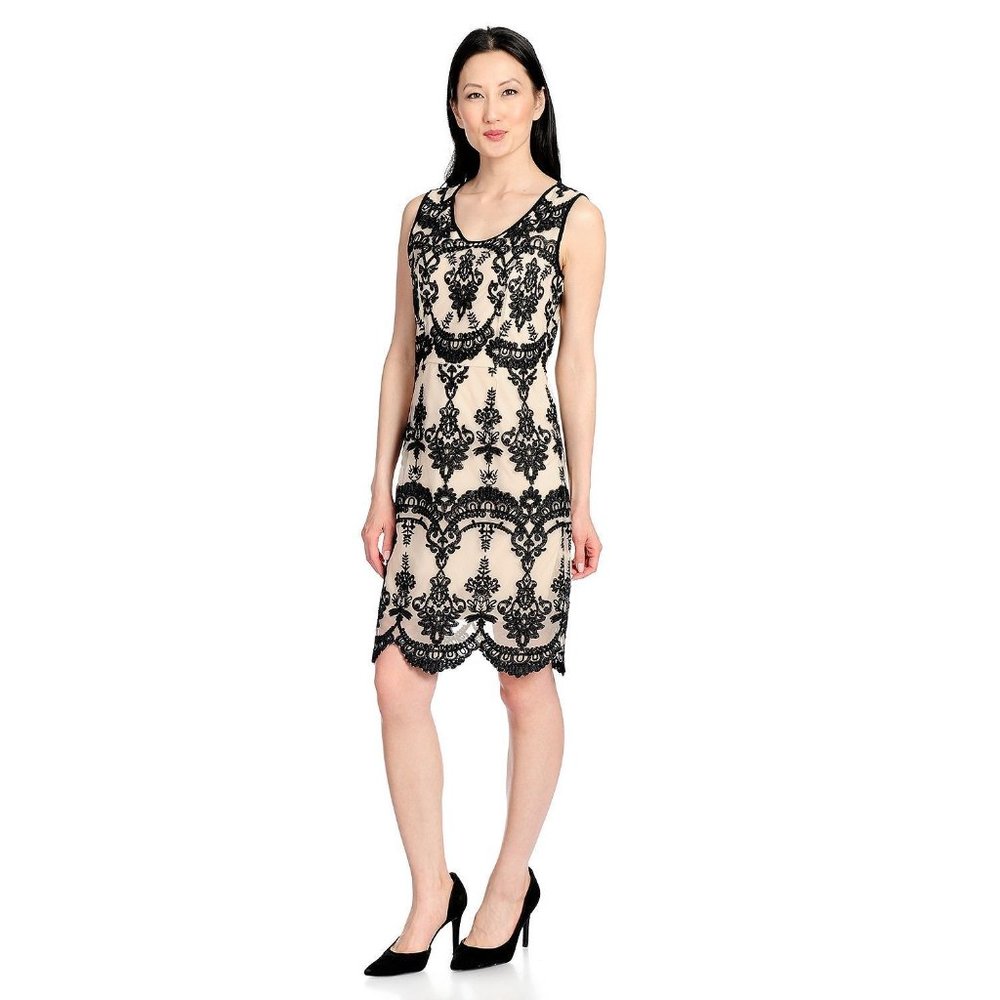 Black Nude Embroidered Mesh Dress w/ Scallop Hemline Knit Lining L to XL fit